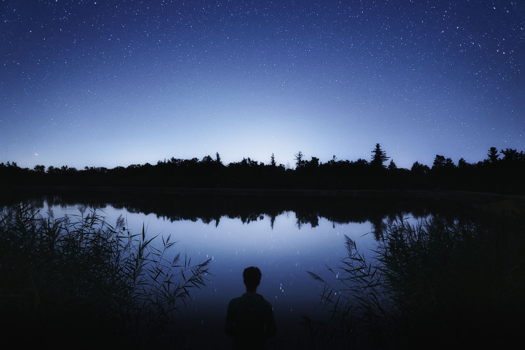 Silhouette devant un étang sous un ciel étoilé
