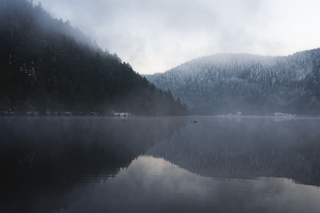 Paysage hivernal reflété sur le lac